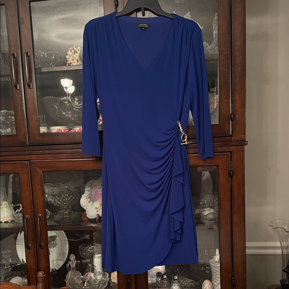 Tahari Deep Blue Asymmetrical Dress with Gold Accent